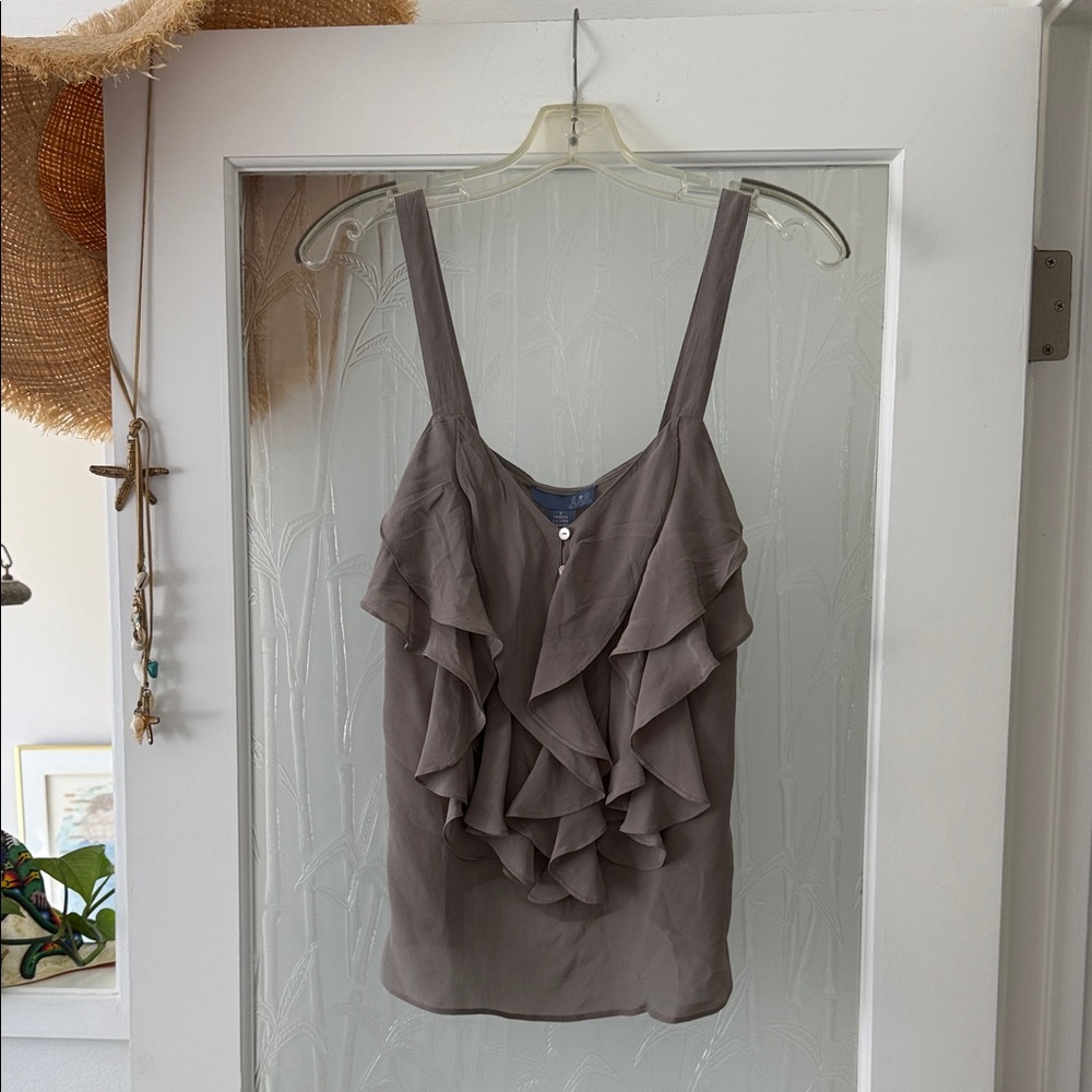 Anthropology, Elegant 100% Silk Gray Ruffle Top. Size 2